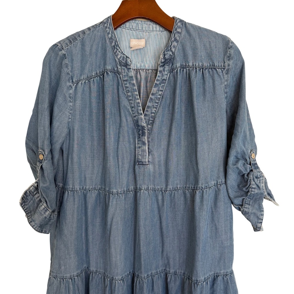 Chico's Blue Chambray Tiered Maxi Dress in Tencel Size 0.5 US6 Roll Tab Sleeves - Picture 4 of 8